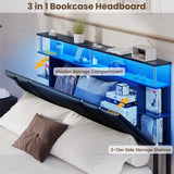 Bed Frame Full Size with Bookcase Headboard and 4 Storage Drawers, Leather