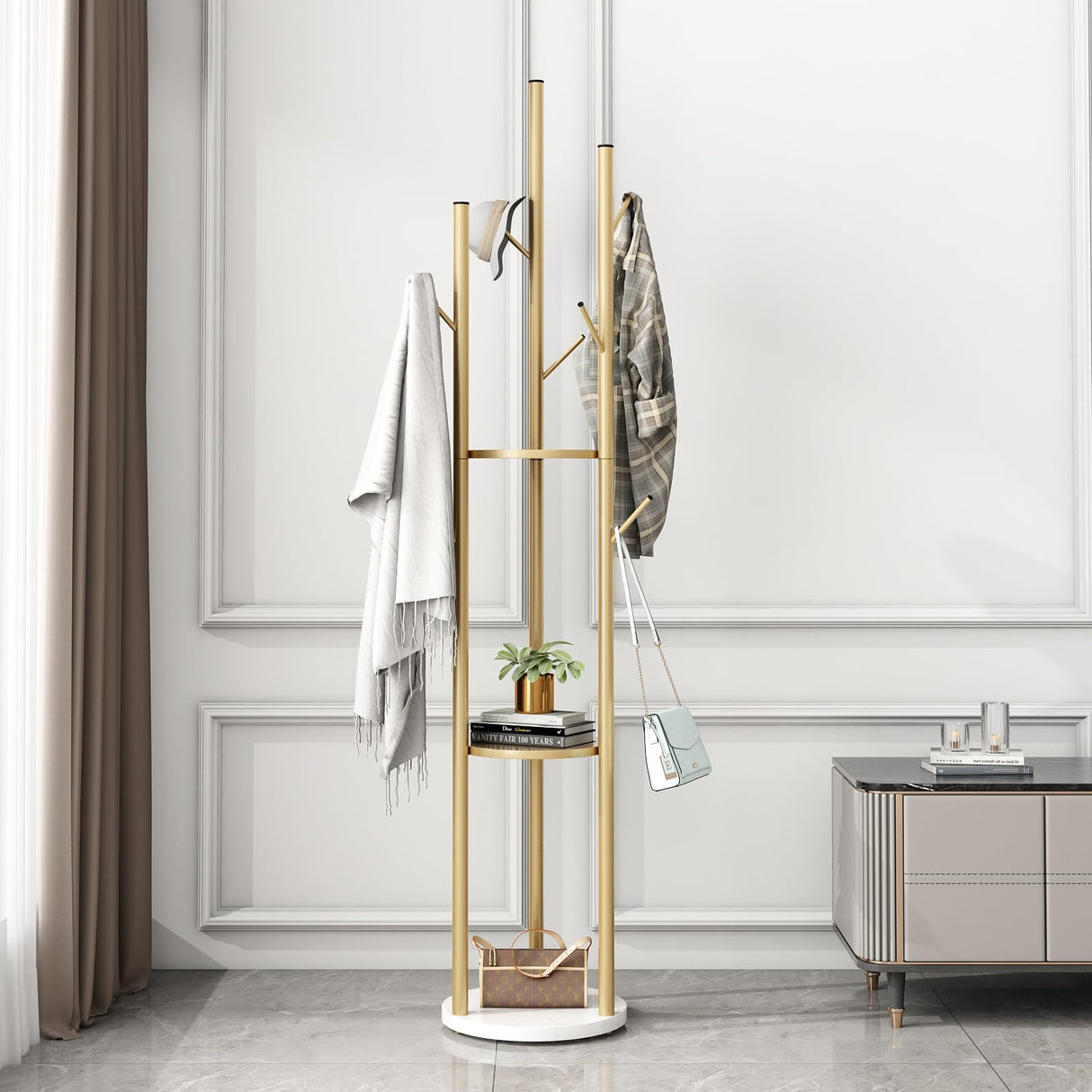 Gold Coat Racks Freestanding with 3 Storage Shelves, Metal Coat Racks Stand