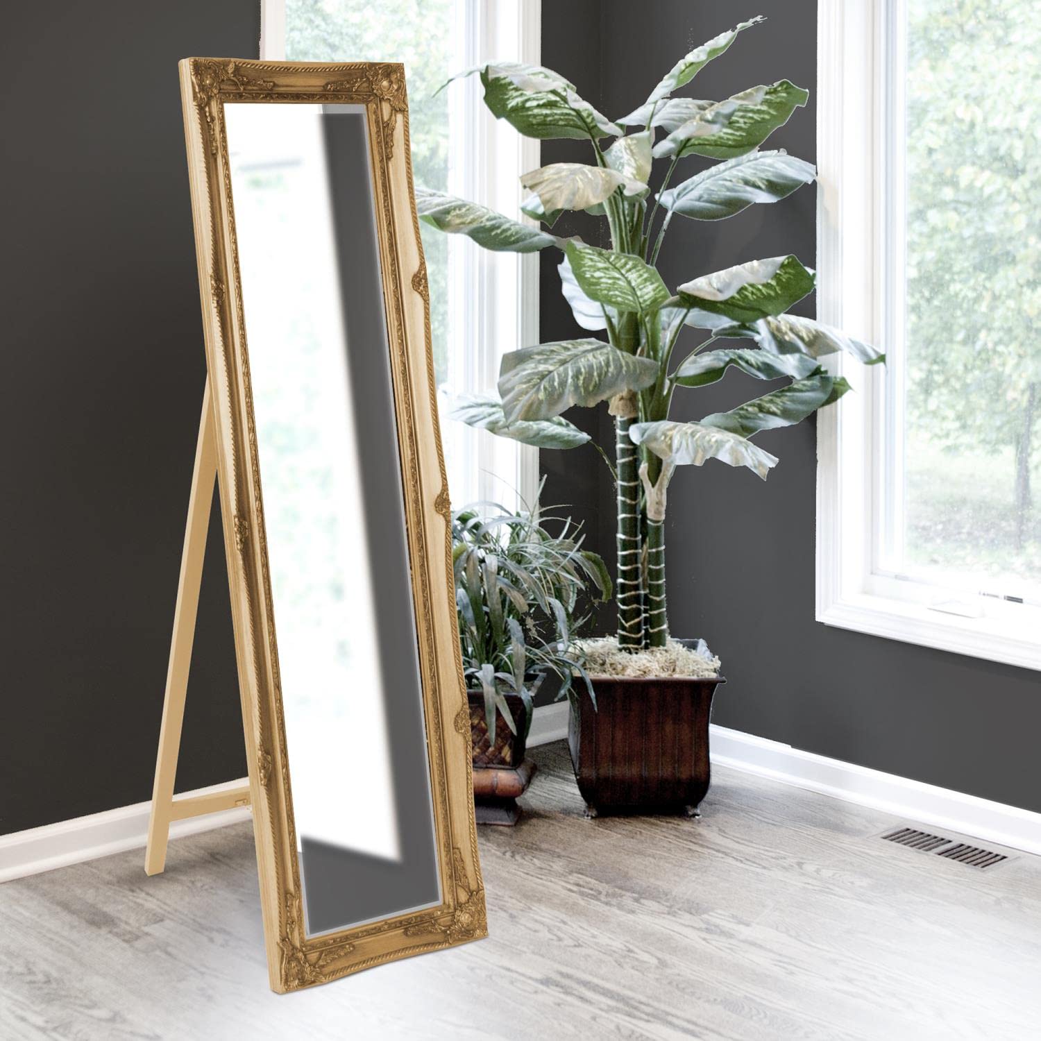 Queen Ann Self Standing Mirror, Antique Gold Leaf, Rectangular Metal Framed Floor