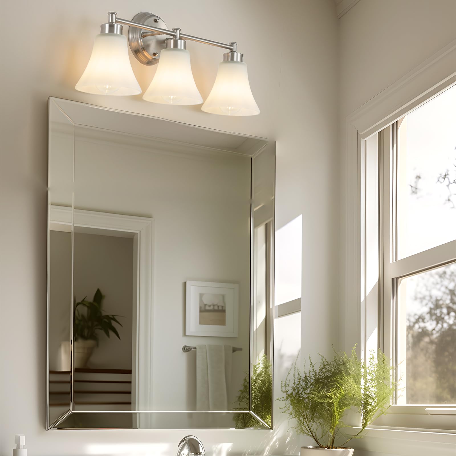 3 Light Vintage Brushed Nickel Vanity Lighting Fixtures over Mirror