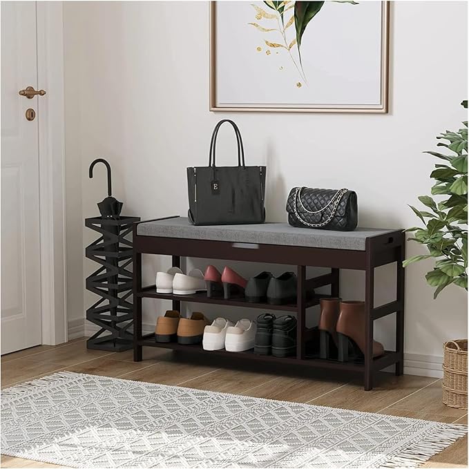 Bamboo Shoe Bench Rack with Storage, Entryway Storage Bench with Padded Seat