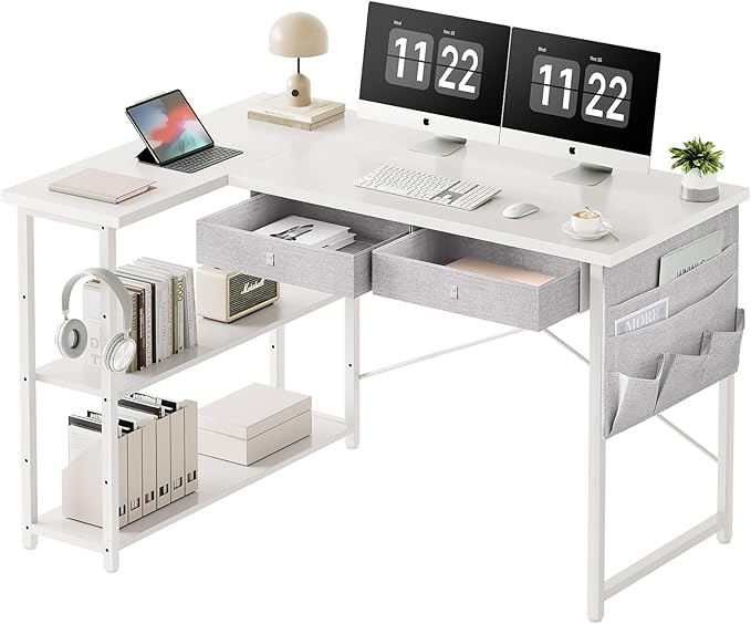 Small Desk with Drawers, 39" Corner Desk with Storage, Computer Desk with Shelves and Side Pouch, Study Table for Small Space with Storage, Corner L Shaped Desk for Home Office Bedroom, White