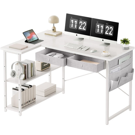 Small Desk with Drawers, 39" Corner Desk with Storage, Computer Desk with Shelves and Side Pouch, Study Table for Small Space with Storage, Corner L Shaped Desk for Home Office Bedroom, White