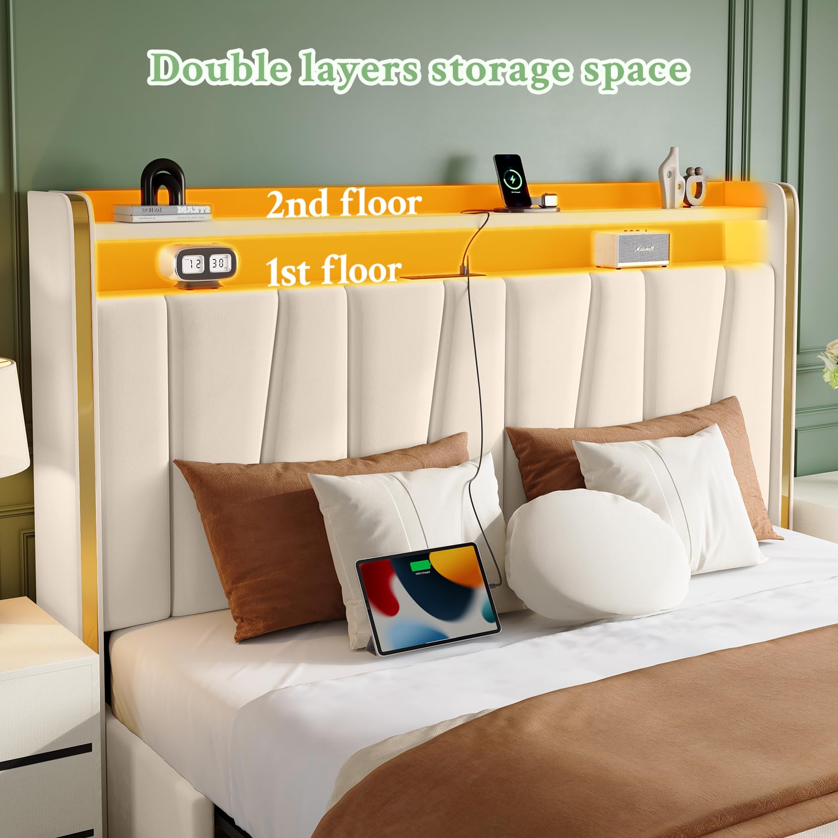 Queen Platform Bed Frame with Storage Drawers & LED Headboard