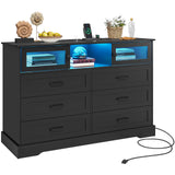 6 Drawers Dresser with LED Lights and Charging Station, Farmhouse Chest of Drawers