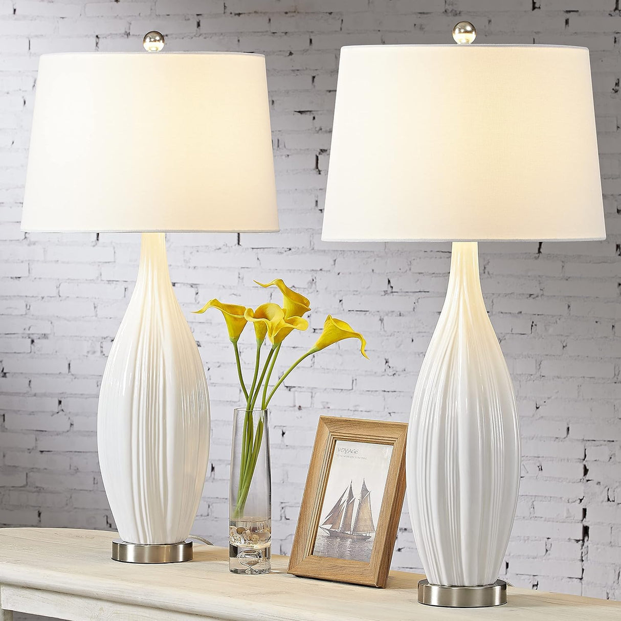 Maxax 31'' Tall Ceramic Table Lamps Set of 2, Large White Bedside Nightstand Lamps with White Shade Rustic End Table Lamps for Living Room Bedroom Office