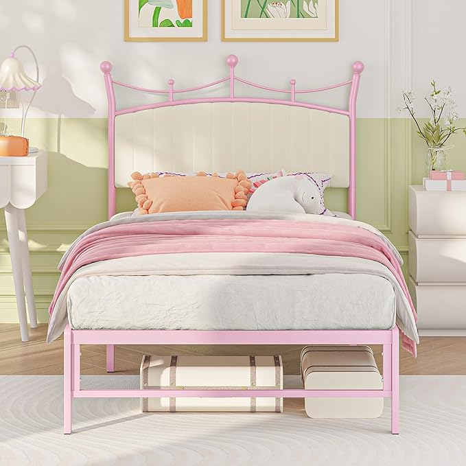 Upholstered Headboard, Soft Velvet Bed Frame Metal Platform No Box Spring Needed