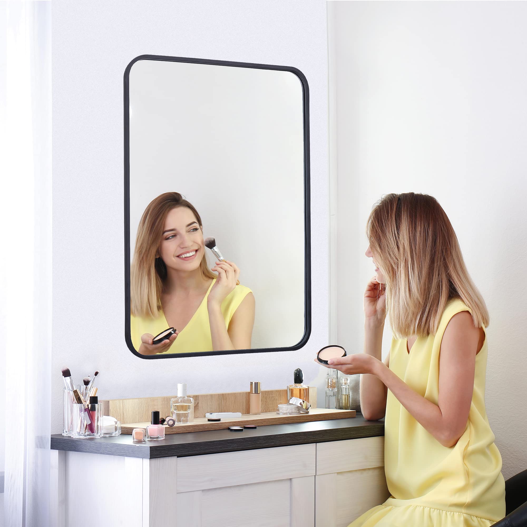 Black Wall Mirror for Bathroom, Wall Mounted Rectangular Entryways Decor