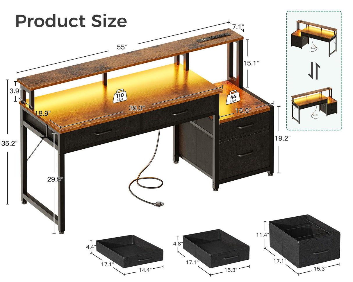 55-Inch Computer Desk with File Cabinet and Fabric Drawers, Reversible Office Desk