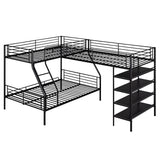 Twin Over Full L-Shape Bunk Bed with Storage Shelves 3 Beds Bunked Metal Frame Black Corner Loft Bed for Three Kids Teens Boys Girls