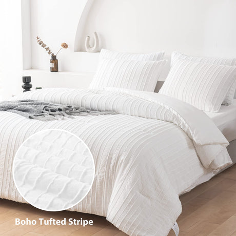 White Comforter Set Queen Size Soft Bedding Sets Boho Striped Pattern Lightweight