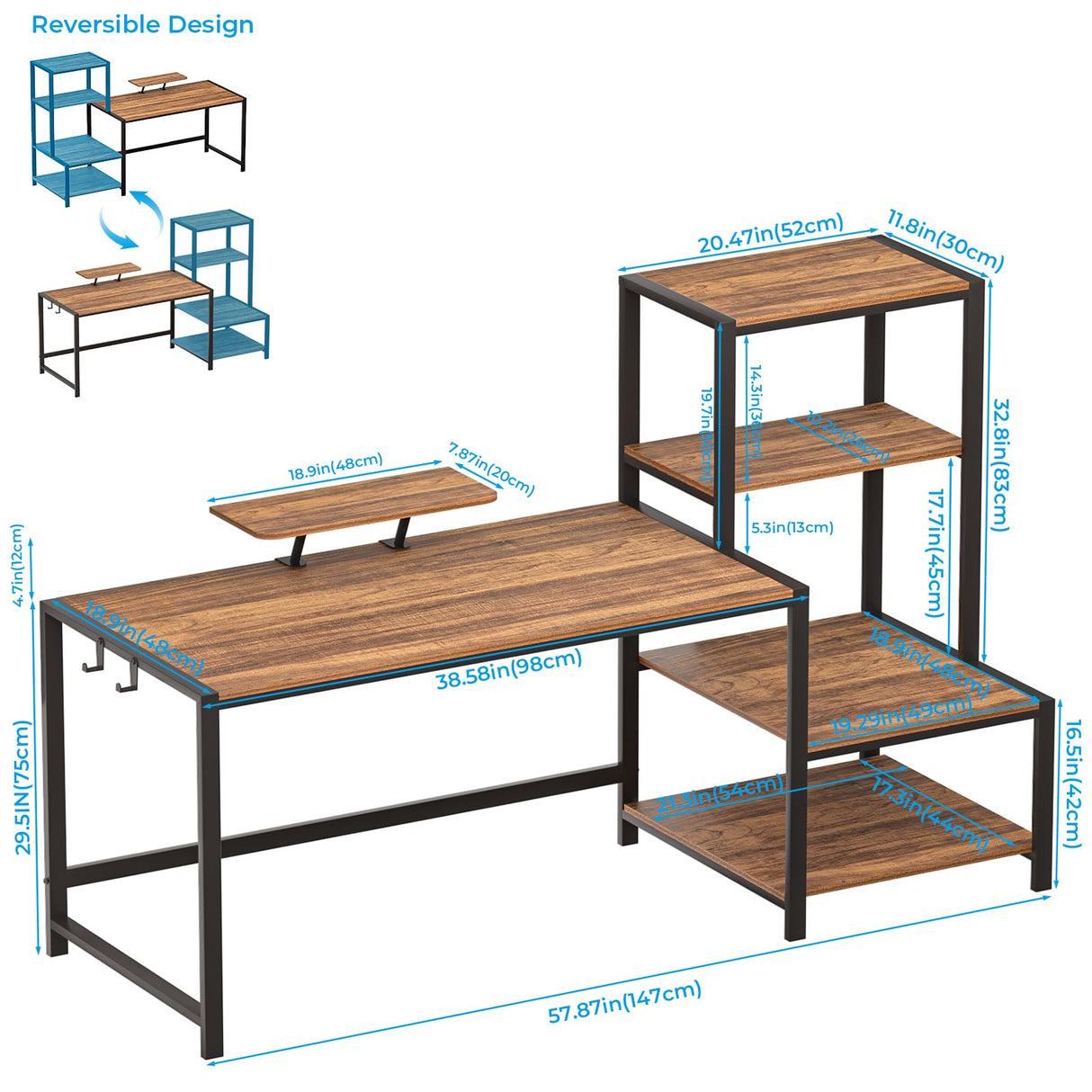 Office Desk 58 inch with Printer Shelf, Reversible Computer Desk with Movable Monitor