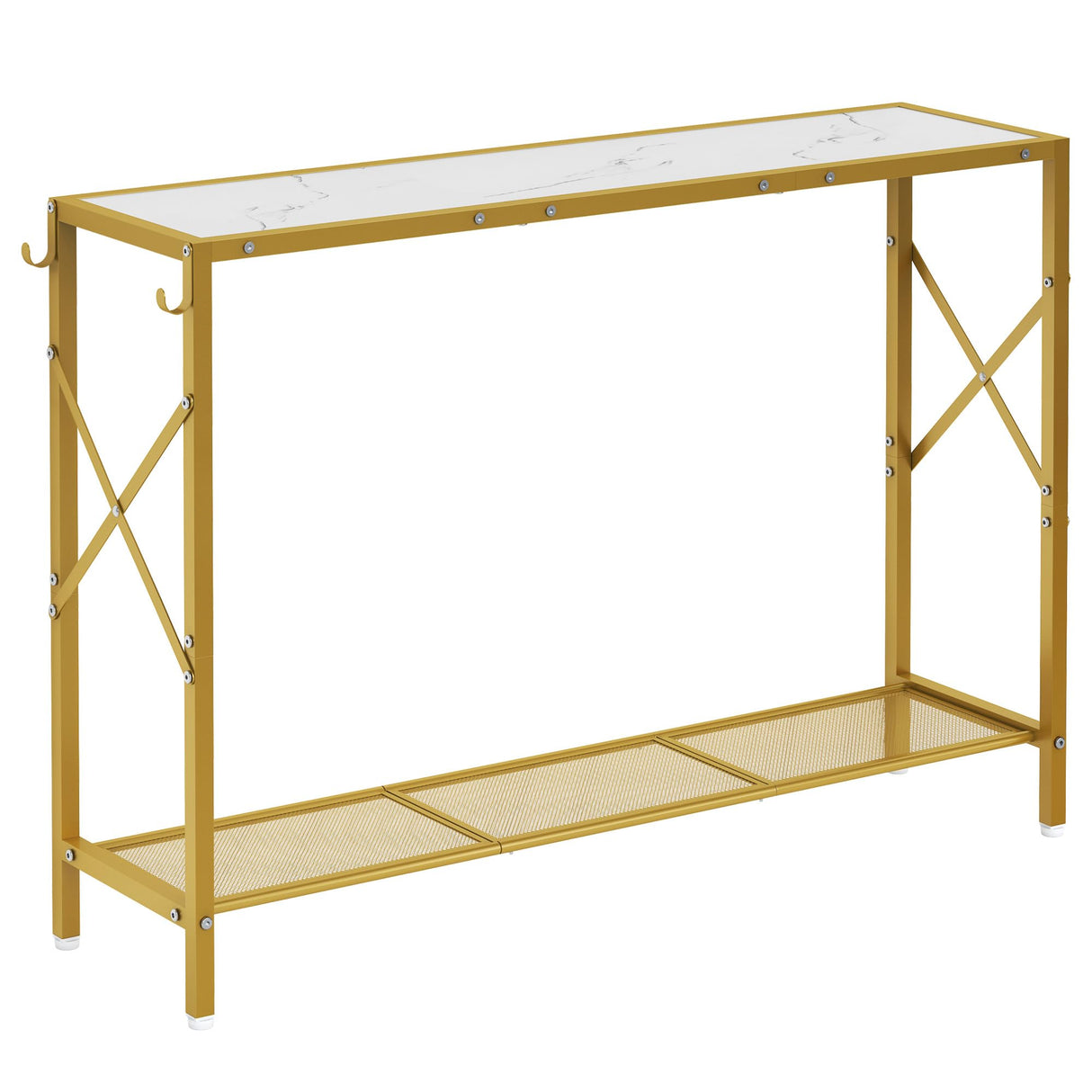 Gold Console Table, 2 Tier Narrow Entryway Table with Shelves and Hooks,