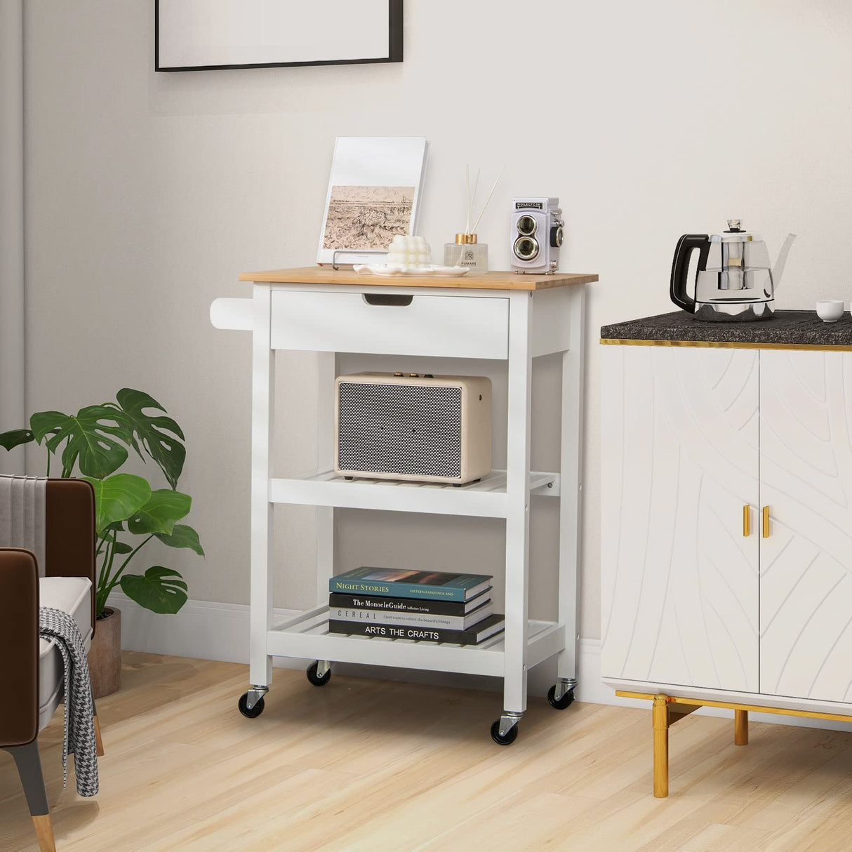 Kitchen Island Cart with Storage, Rolling Bamboo Kitchen Cart on Wheels