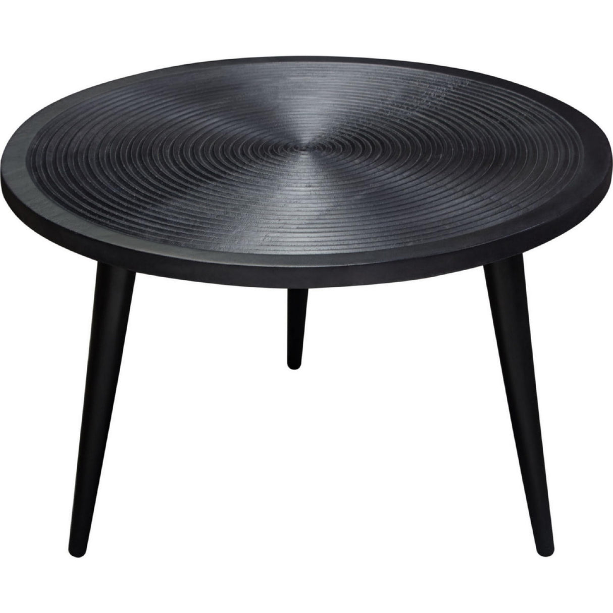 29 Inch Round Coffee Table, Embossed Surface Patterning, Black Wood