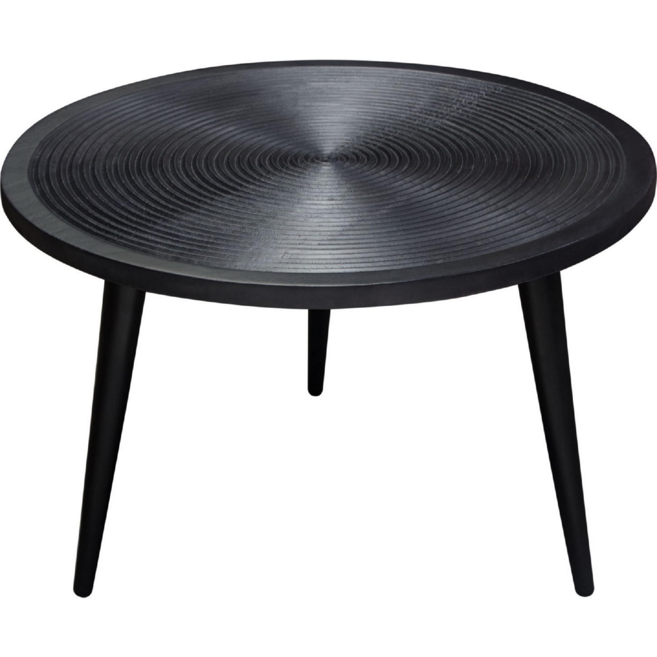 29 Inch Round Coffee Table, Embossed Surface Patterning, Black Wood