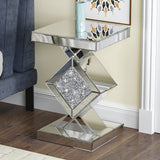 Mirrored End Table with Crystal Inlay, Square Modern Side Table Silver Accent Table