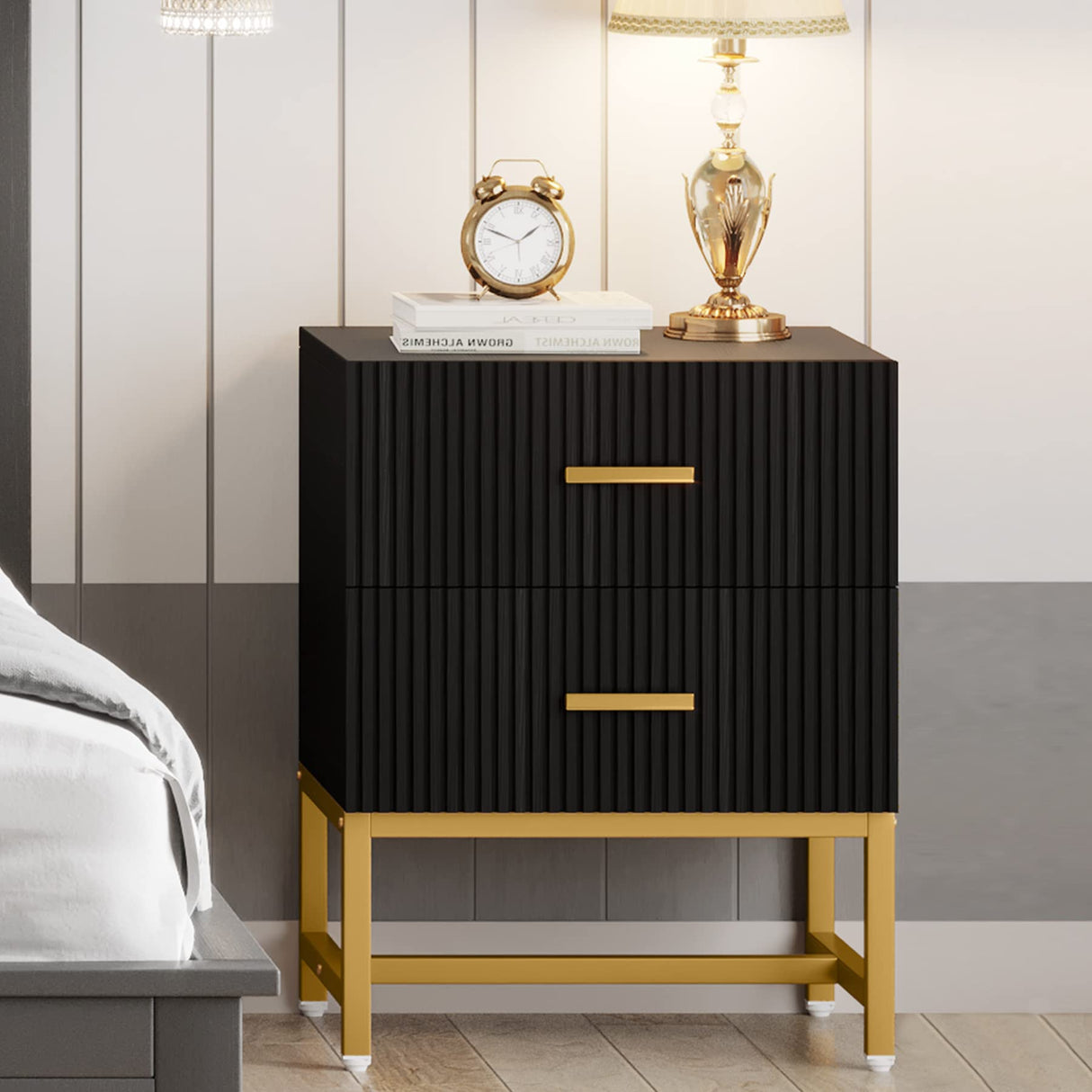 Modern Nightstand with 2 Big Striped Drawers, Tall Bed Side Table Wood Metal End Table