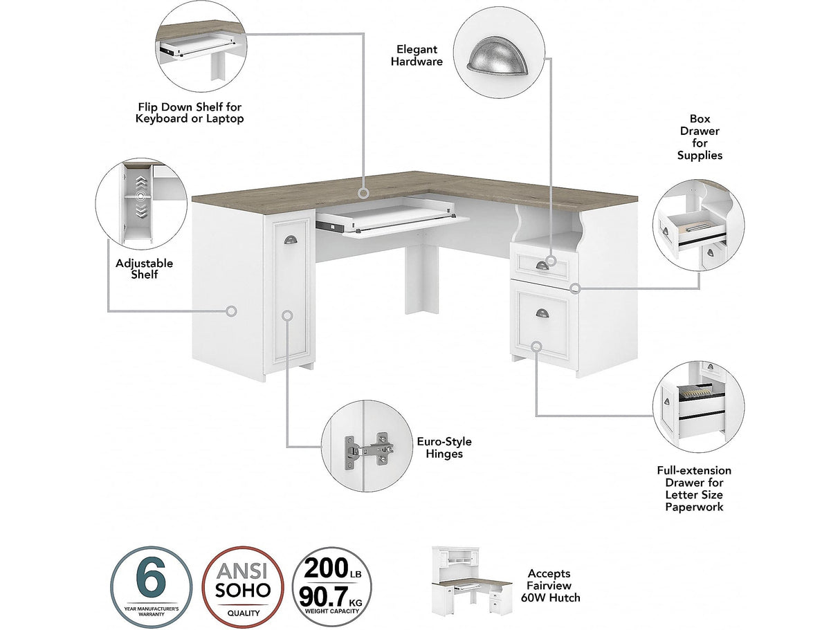 FV008G2W 60-Inch L-Shaped Desk with Lateral File Cabinet and 5-Shelf Bookcase