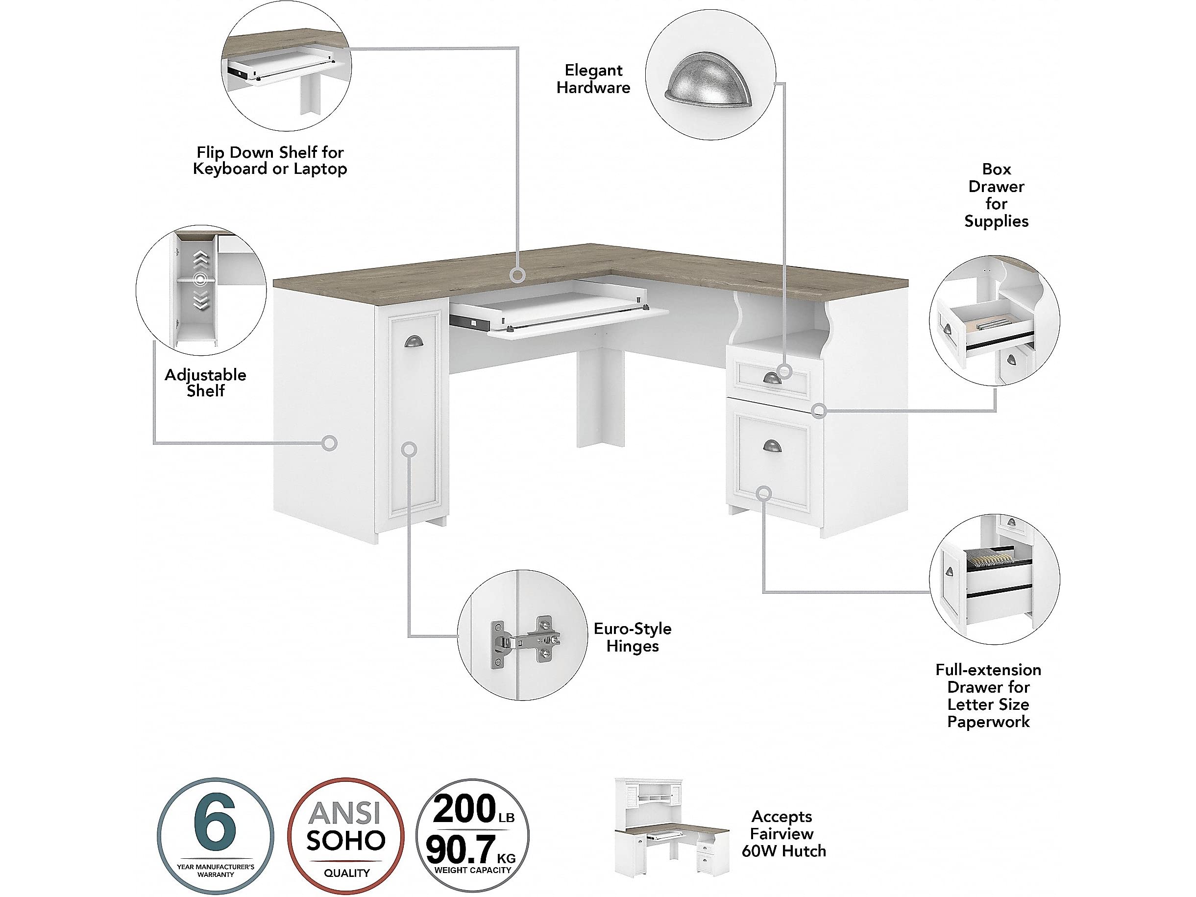 60” L-Shaped Desk with Lateral File Cabinet & 5-Shelf Bookcase