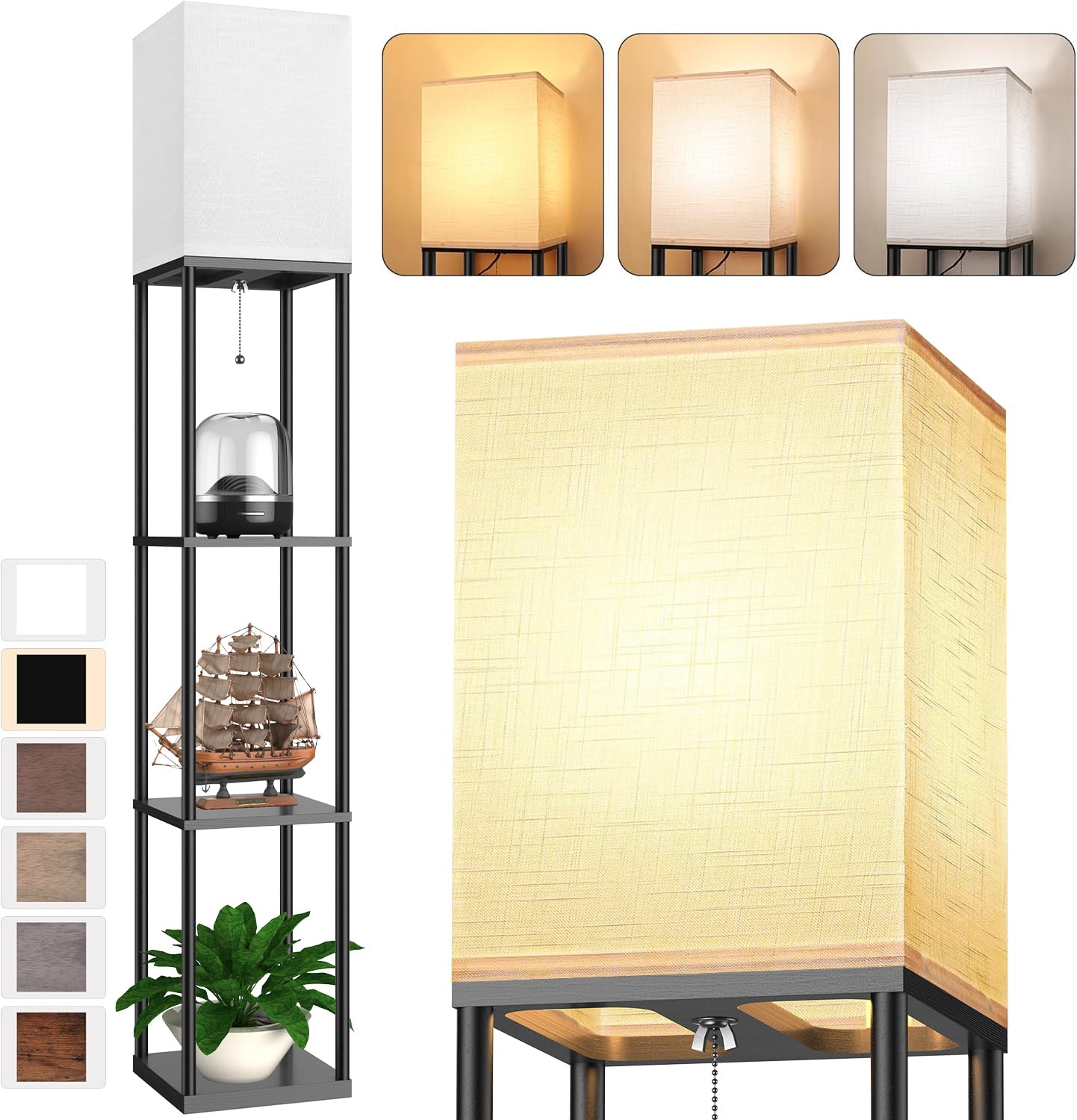 Floor Lamp with Shelves for Living Room, Shelf Floor Lamp with 3 CCT LED Bulb
