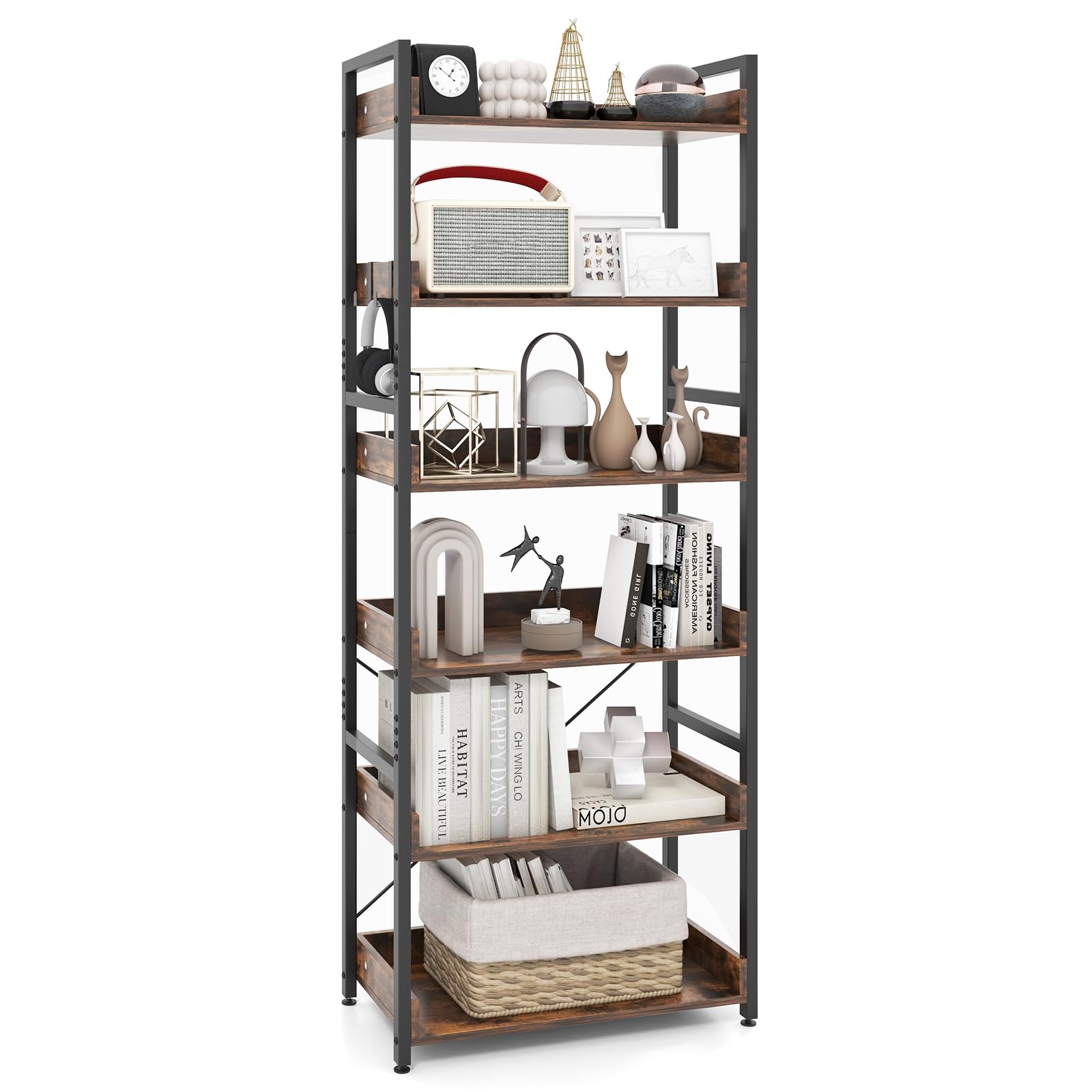 6-Tier Bookshelf, 70” Tall Industrial Bookcase w/Open Shelves & 4 Hooks, Storage Rack