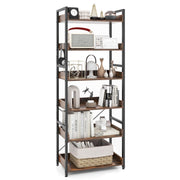 6-Tier Bookshelf, 70” Tall Industrial Bookcase w/Open Shelves & 4 Hooks, Storage Rack