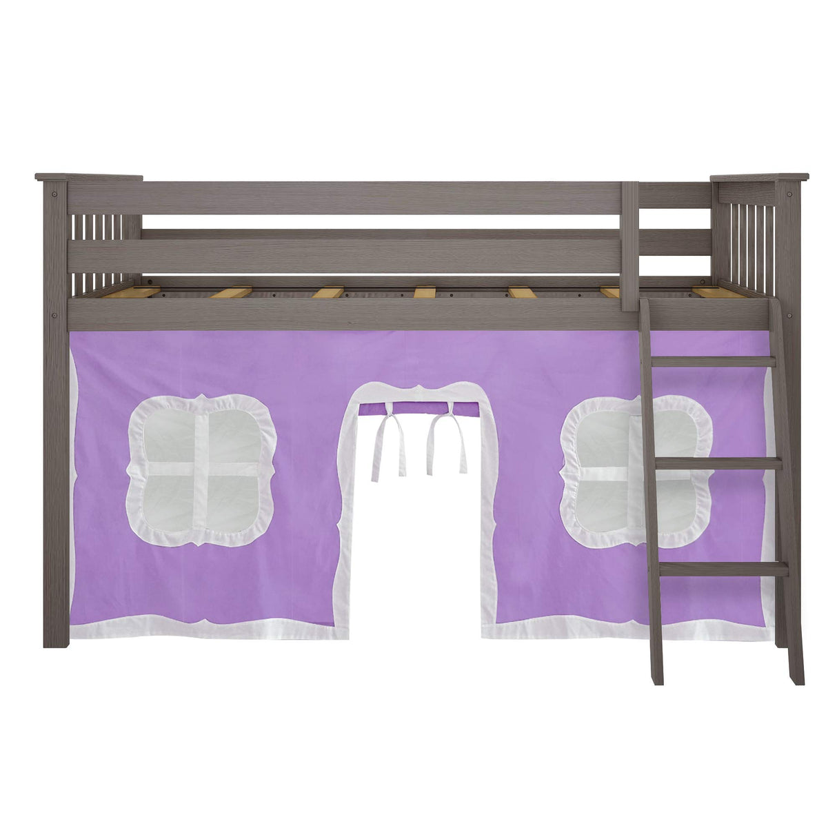 Low Loft Bed, Twin Bed Frame With Curtains For Bottom, Clay/Purple