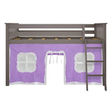 Low Loft Bed, Twin Bed Frame With Curtains For Bottom, Clay/Purple