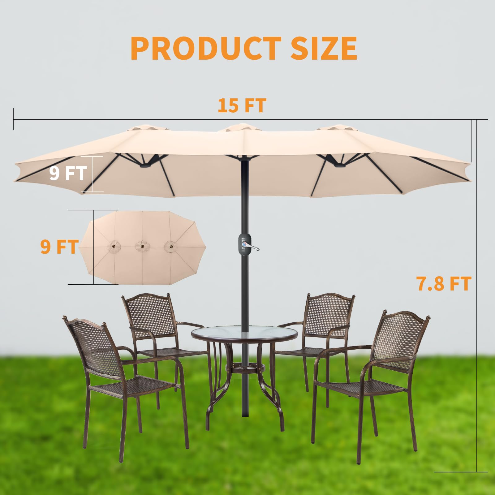 15ft Large Patio Umbrella, Outdoor Double-Sided Market Umbrella with Crank Handle,
