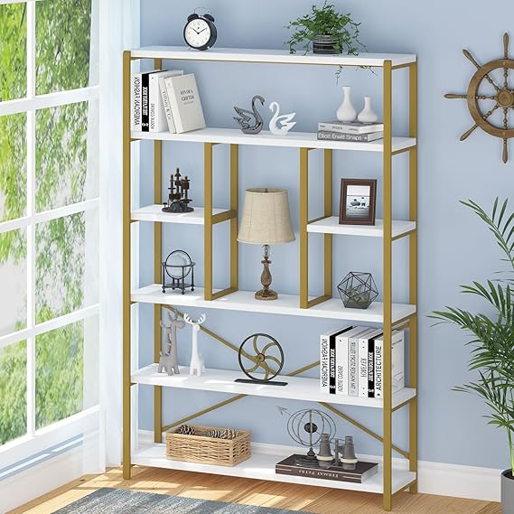 6 Tier Tall White Bookshelf, Big Metal Wooden Book Shelves Storage