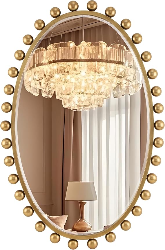 Oval Full-Length Mirror 20x51 - Antique Gold Beaded Beveled Wall Mirror
