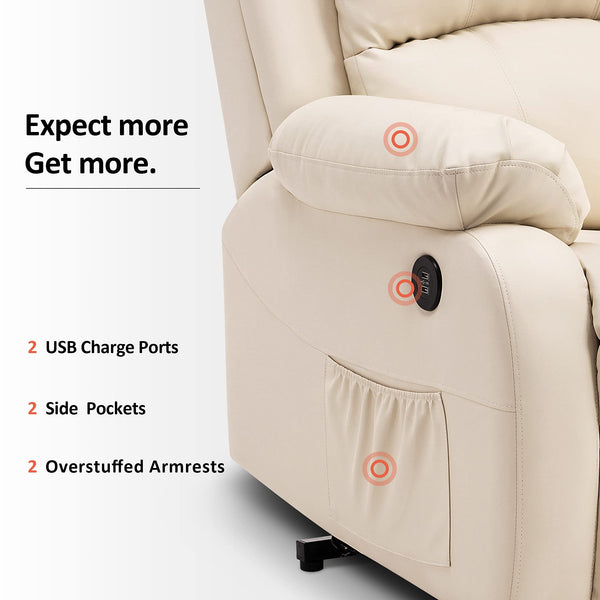 MCombo Small-Regular Power Lift Recliner Chair with Massage and Heat for Petite Elderly People, 3 Positions, 2 Side Pockets, USB Ports, Faux Leather 7409 (Cream White, Regular)