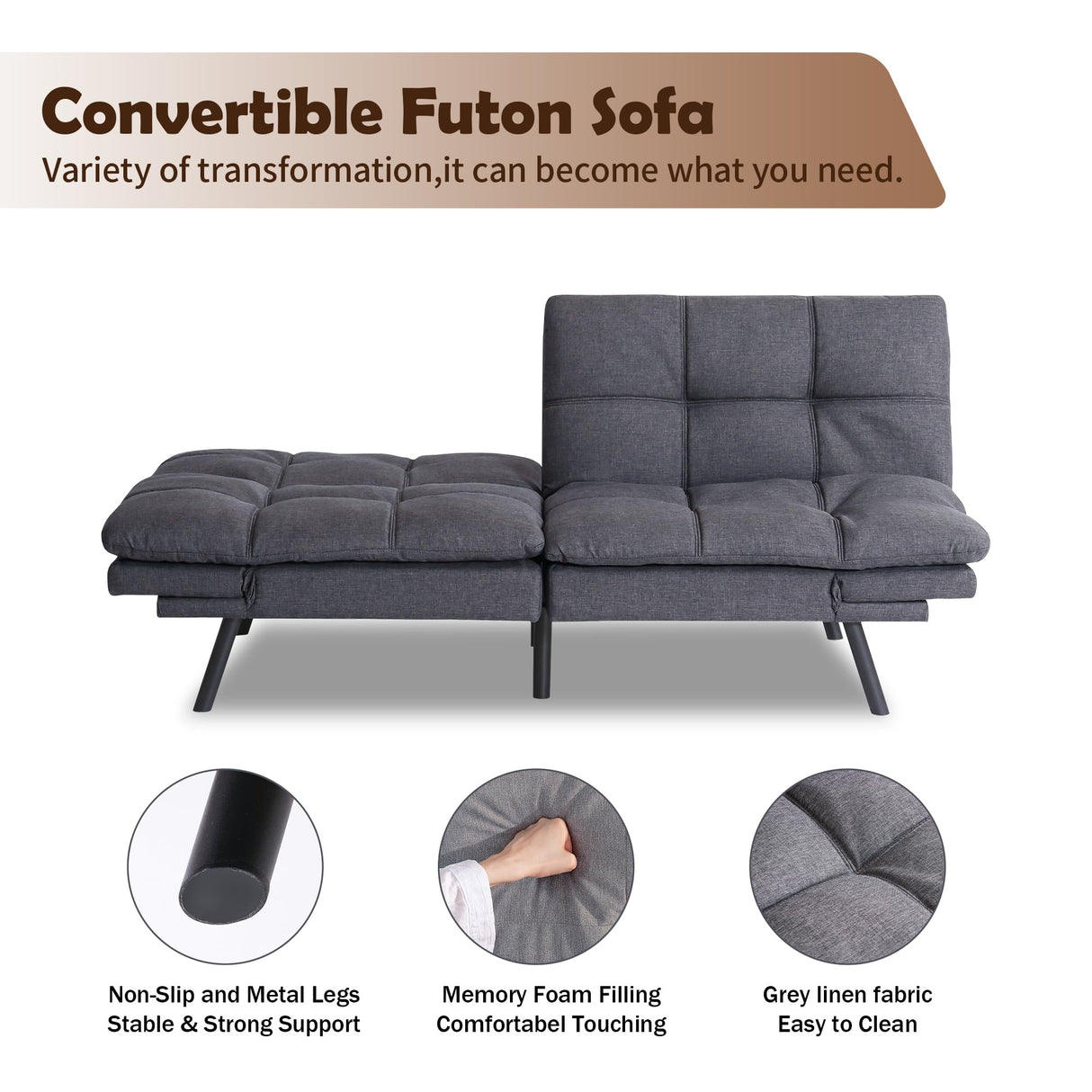 Futon Sofa Bed, Grey Linen Memory Foam Futon Sleeper Sofa Loveseat Convertible Couch Bed for Small Compact Living Spaces,Apartment