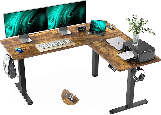 L Shaped Computer Desk with Power Outlet & LED Strip, Reversible Corner Desk