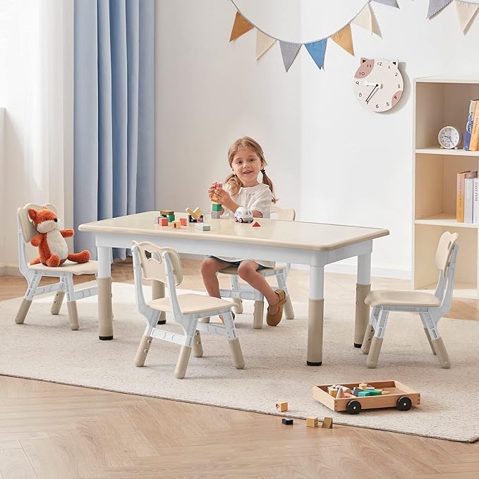 Toddler Table and Chairs Set for 4, 47.2''L x 23.6''W Kids Study Table and Chair Set,