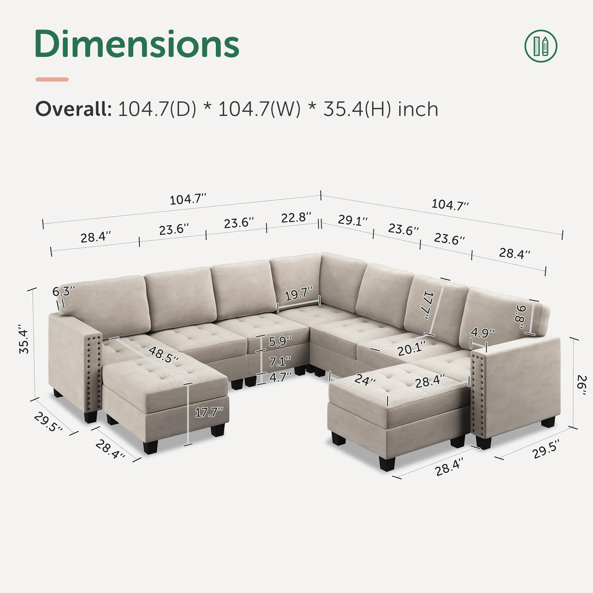 HONBAY Velvet Convertible Sectional Couch, U Shaped Sectional Sofa with Chaise Modular Sectional with Storage Ottoman Corner Couch for Living Room, Beige