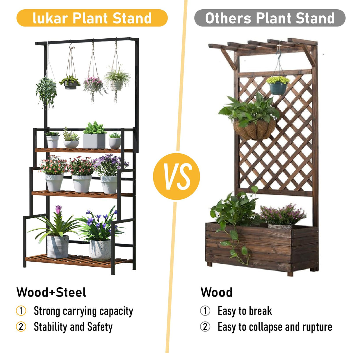 lukar 68 Inch Tall Metal 3-Tier Heavy Duty Plant Holder, 3 Tier Hanging Plant Stand with Bar Metal & Wood Flower Ladder Rack,Plant Display Cabinet Shelves Clearance for Garden Patio Greenhouse