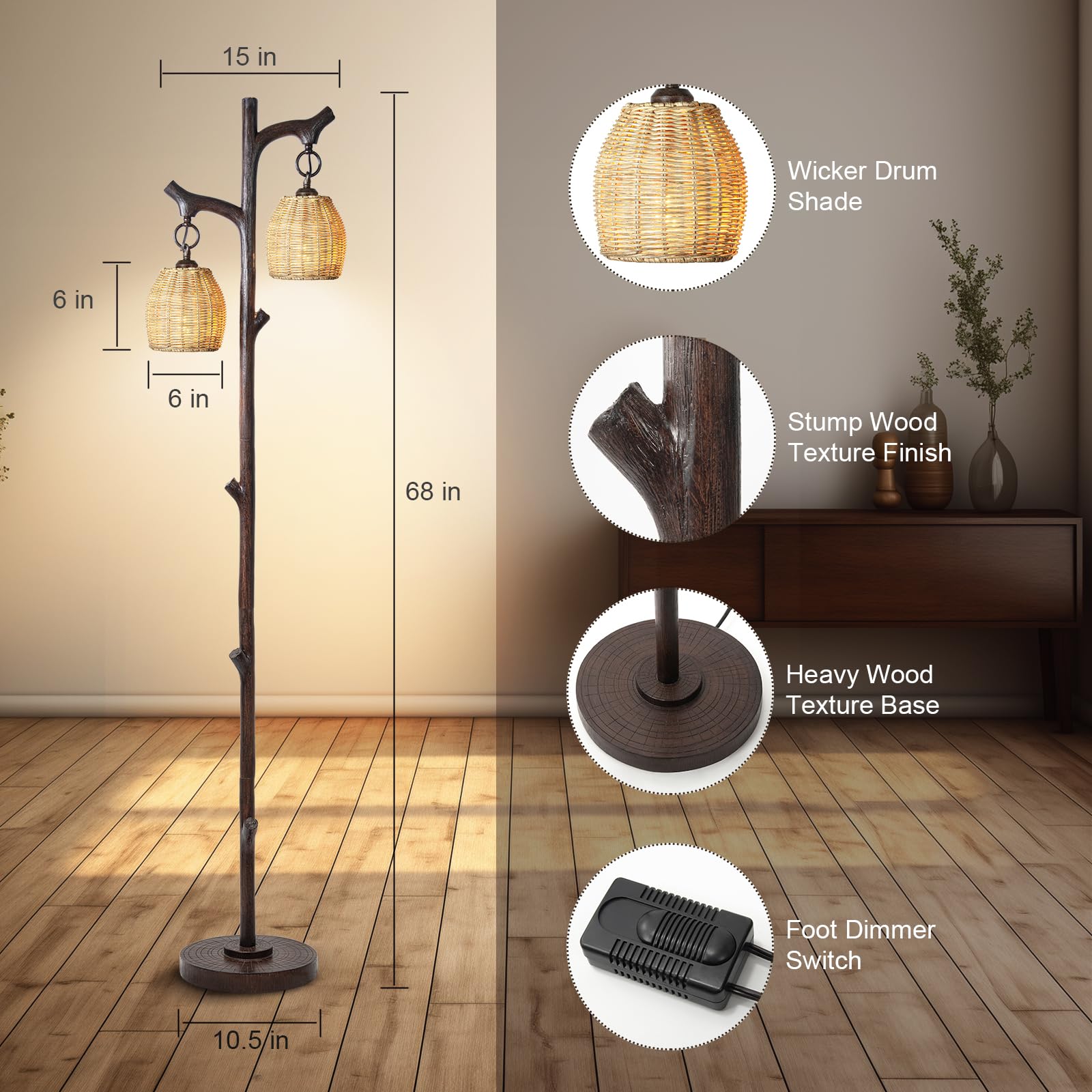 Farmhouse Floor Lamp – 68” Rustic Tree Trunk Lamp with Wicker Drum Shades