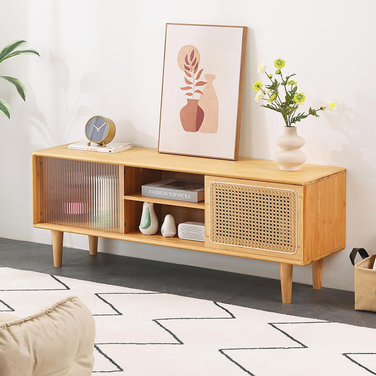 Boho Bamboo TV Stand | Entertainment Center with Adjustable Storage