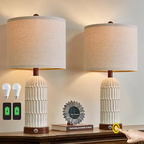 3-Way Dimmable Touch Control Table Lamp Set of 2 with Dual USB Charging Ports