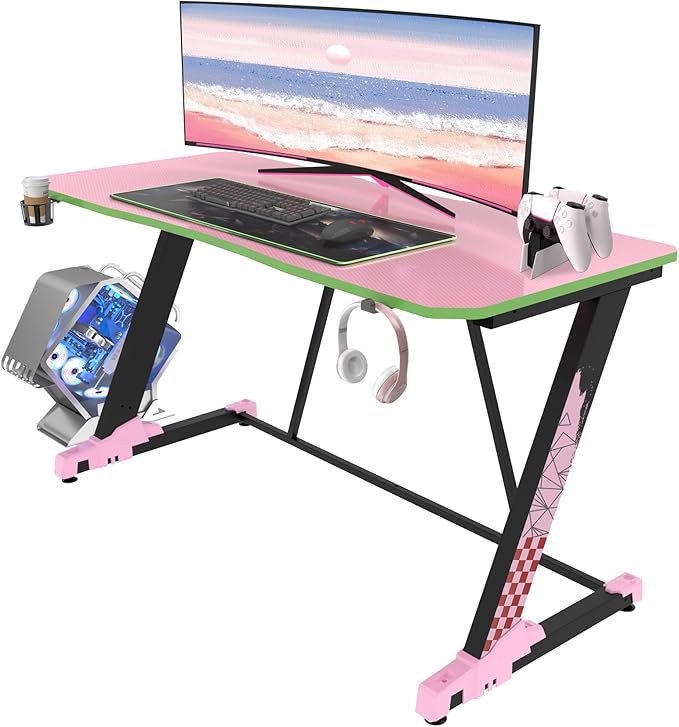 55 Inch Gaming Desk, PC Computer Desks, Gamer Tables, with LED Lights, Cup Holder