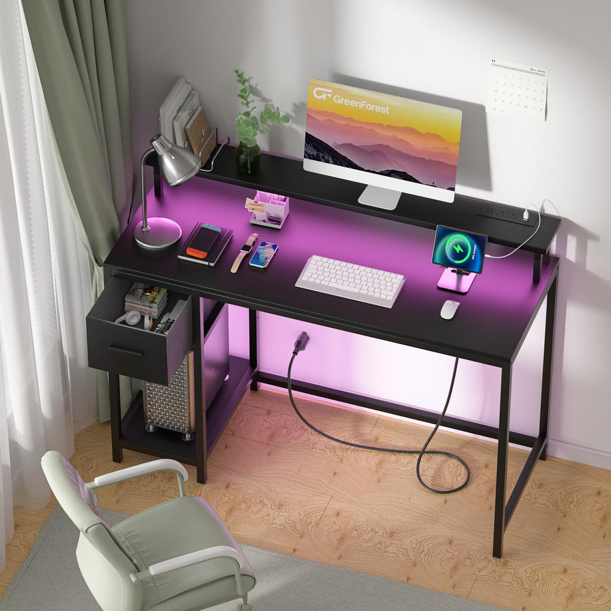 Gaming Desk with LED Lights and Power Outlets 39 inch Computer Desk with Fabric