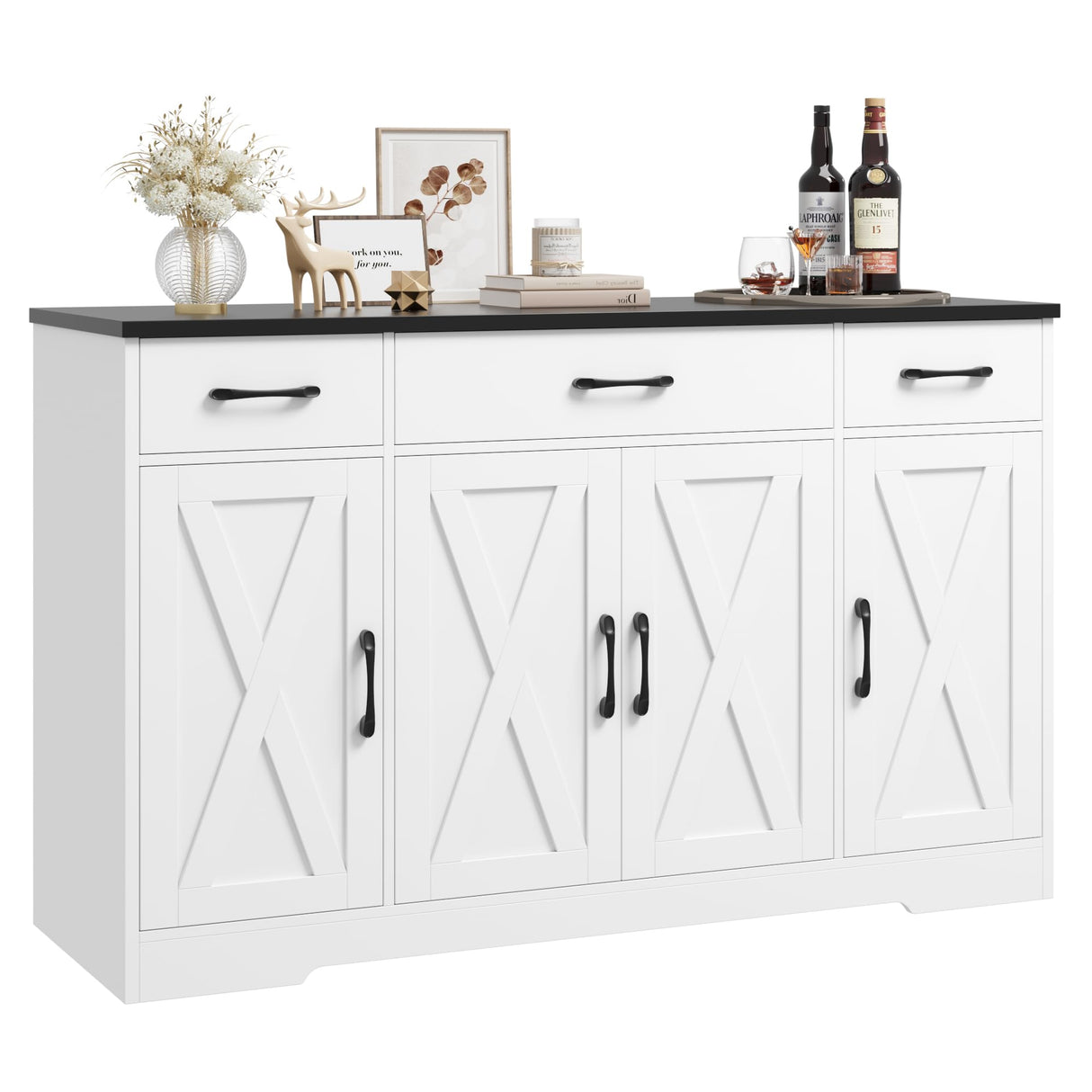 Buffet Sideboard Cabinet with Drawers, 55" Large Buffet Storage Cabinet with Shelves and Doors, Modern Farmhouse Coffee Bar Cabinet Wood Buffet Table for Kitchen, Dining Room, White/Black