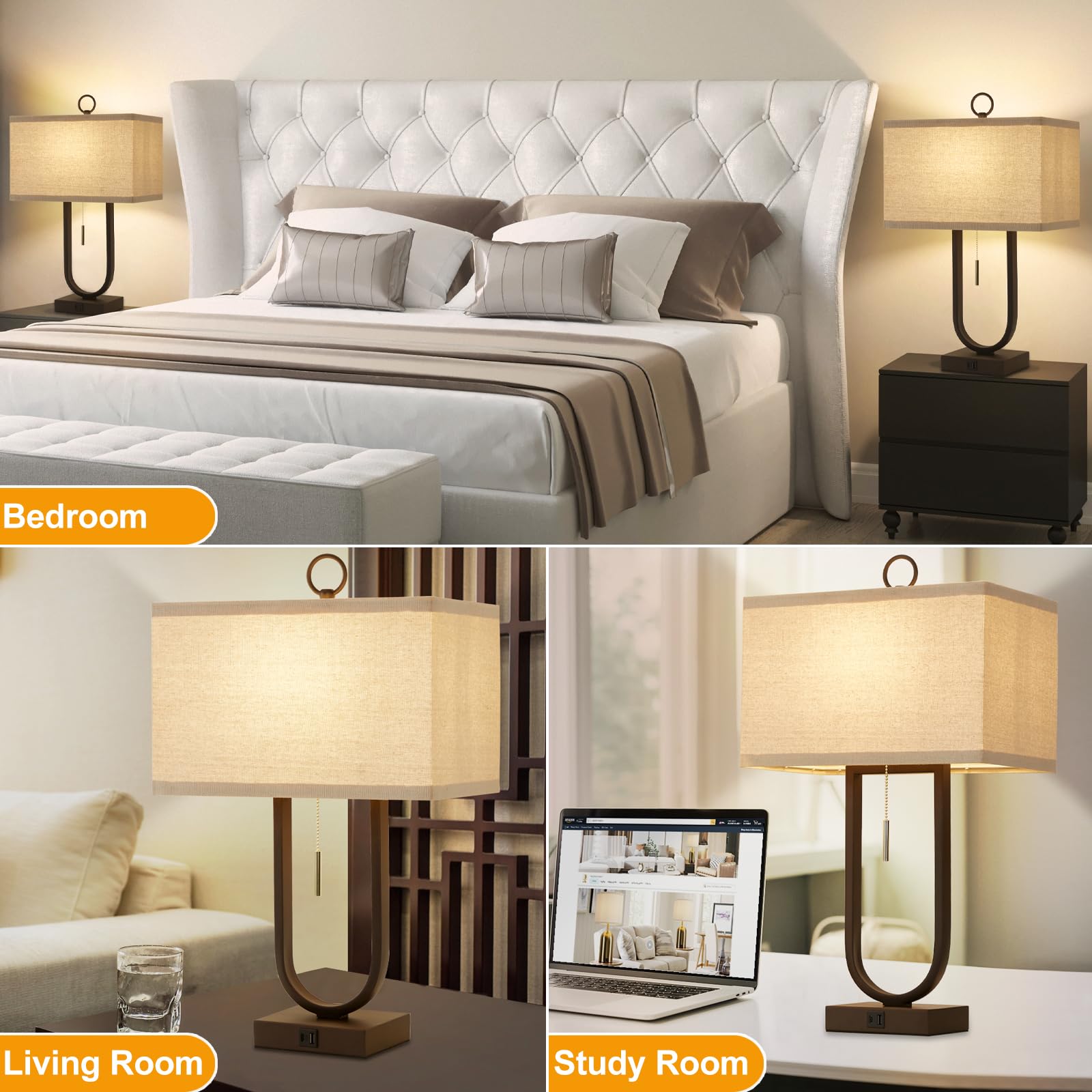 24" Table Lamps Set of 2 with USB Ports & Adjustable Color Temperature
