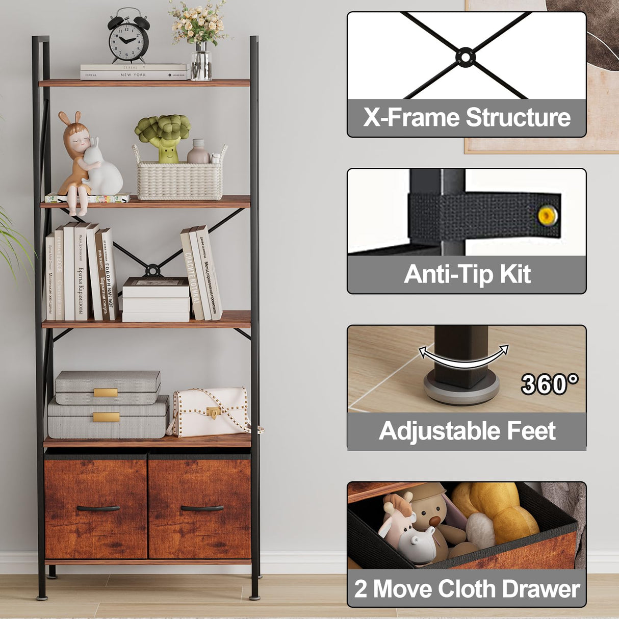 Bookshelf Bookcase with 2 Drawer,Tall Book Shelf Display Standing Shelf Units,Wood Book Rack Shelves Storage Organizer for Bedroom Home Office Kitchen Living Room, 23.4 in(Rust Brown,2 Drawers)