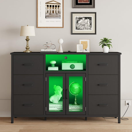 Dresser,Black Dresser for Bedroom Dresser TV Stand with Charging Station for 60" TV Long 6 Drawer Dresser for Bedroom with LED Light Large Fabric Dresser Organizer Unit Tall Chest of Drawers for Kids