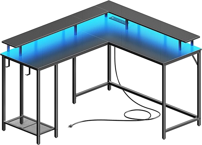 Desk L Shaped Gaming Desk with LED Lights & Power Outlets, Computer Desk with Monitor Stand