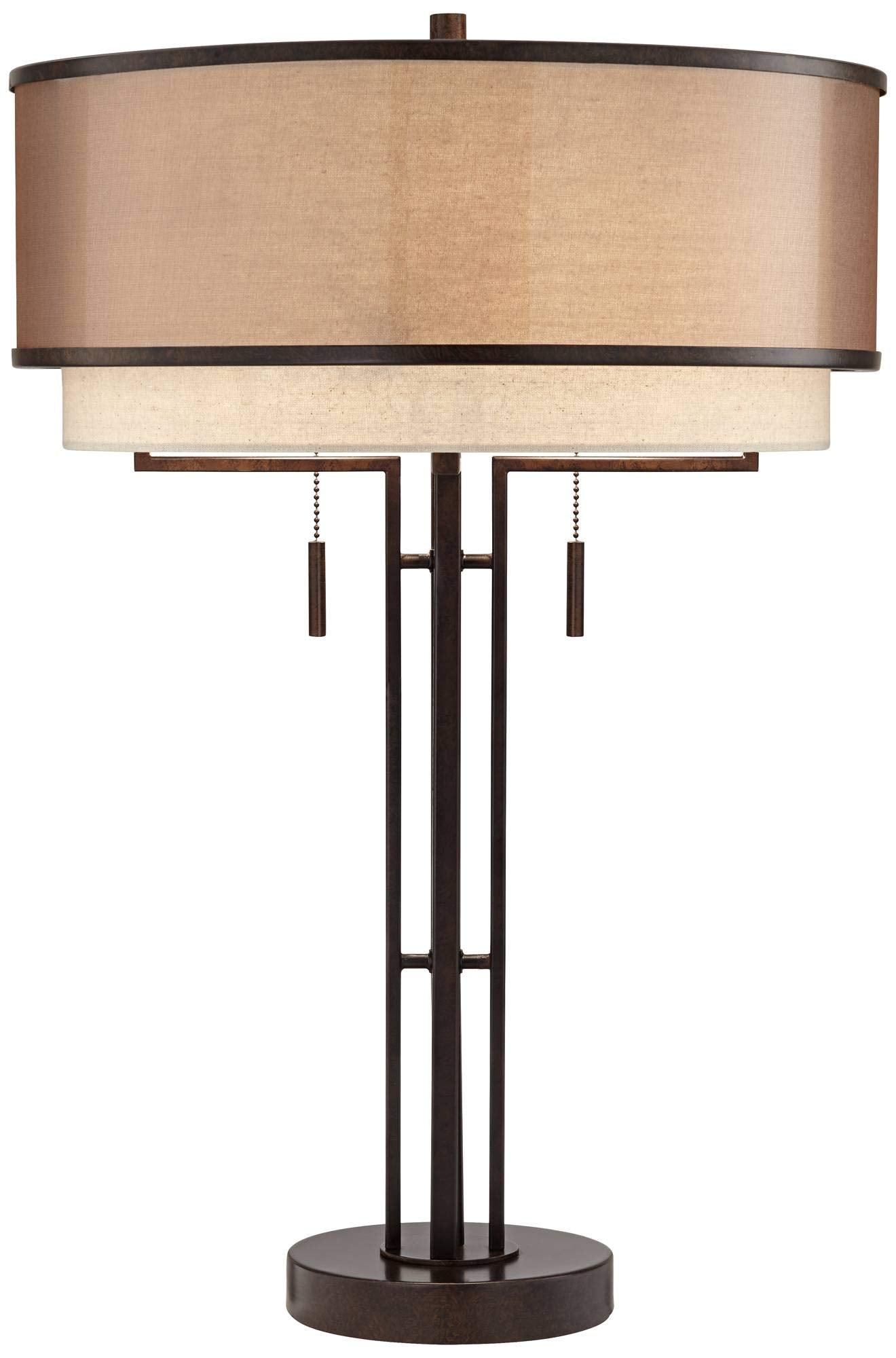 Franklin Iron Works Andes Modern Industrial Table Lamp 27 1/2" Tall Oil Rubbed Bronze Brown Metal Stacked Double Fabric Drum Shade for Bedroom Living Room House Home Bedside Nightstand Office Kids