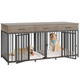 Double Dog Crate Furniture 71" Wide with 3 Drawers - Heavy Duty Wooden Kennel for 2 Large Dogs